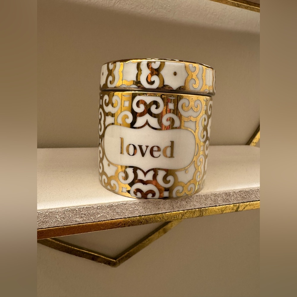 Decorative Ceramic Jar With Lid White & Gold “Loved” Elegant Home Decor